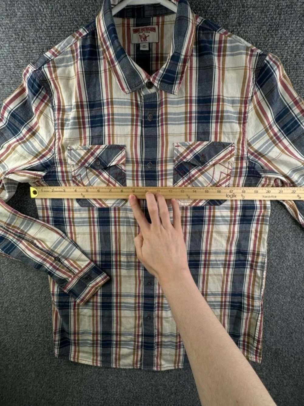 True Religion Long Sleeve Plaid Button Up Shirt Men Small Pockets Cotton Tall